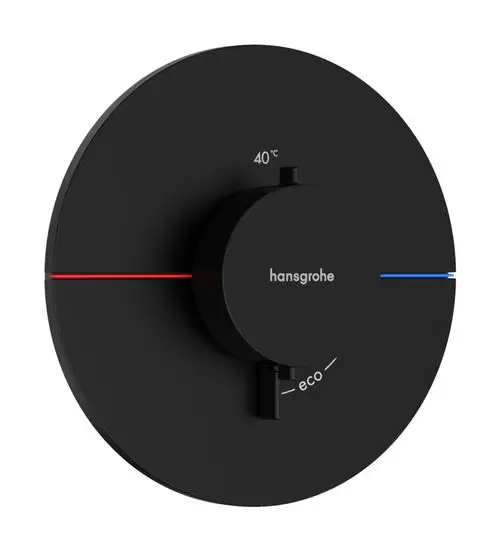 Schwarzes Thermostat mit Drehknopf zur Temperatureinstellung. Rote und blaue Linien zeigen heiße und kalte Temperaturen an. Marke: Hansgrohe.